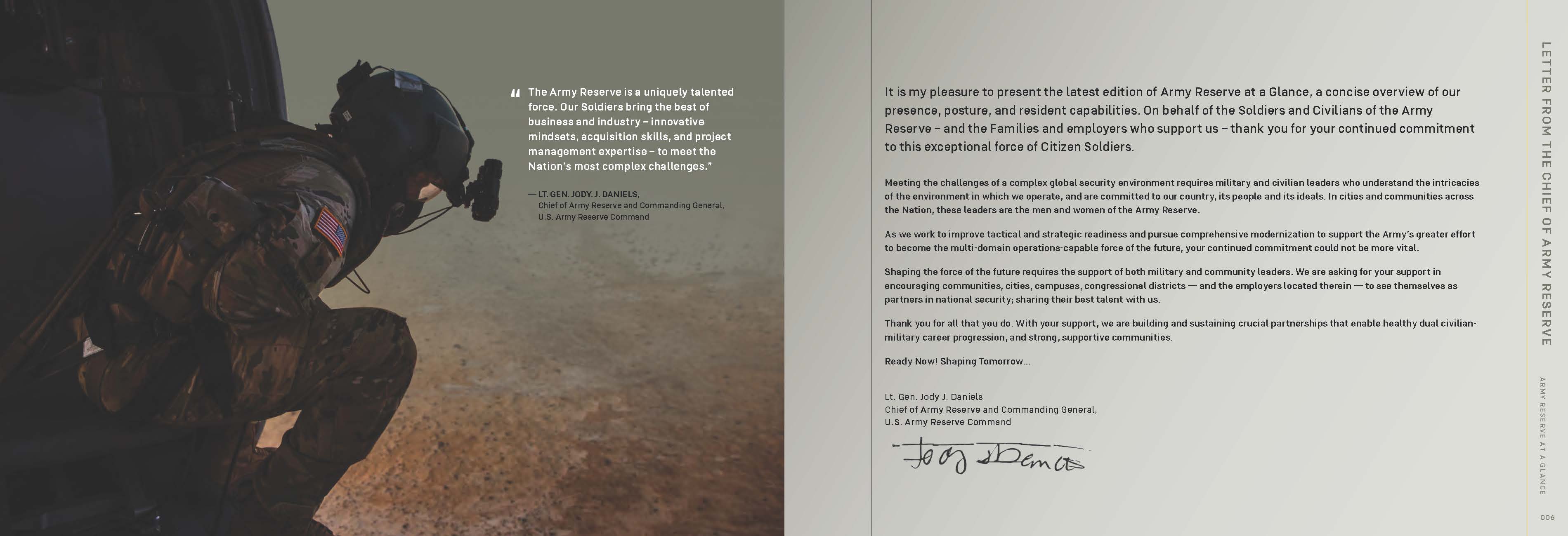 Page of Army Reserve At A Glance with CG's Letter and an image of a Soldier on a helicopter